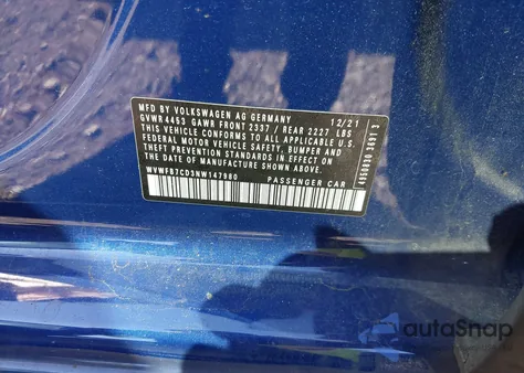 2022 Volkswagen Golf R 2.0T из США, поврежденный, VIN WVWFB7CD3NW147980